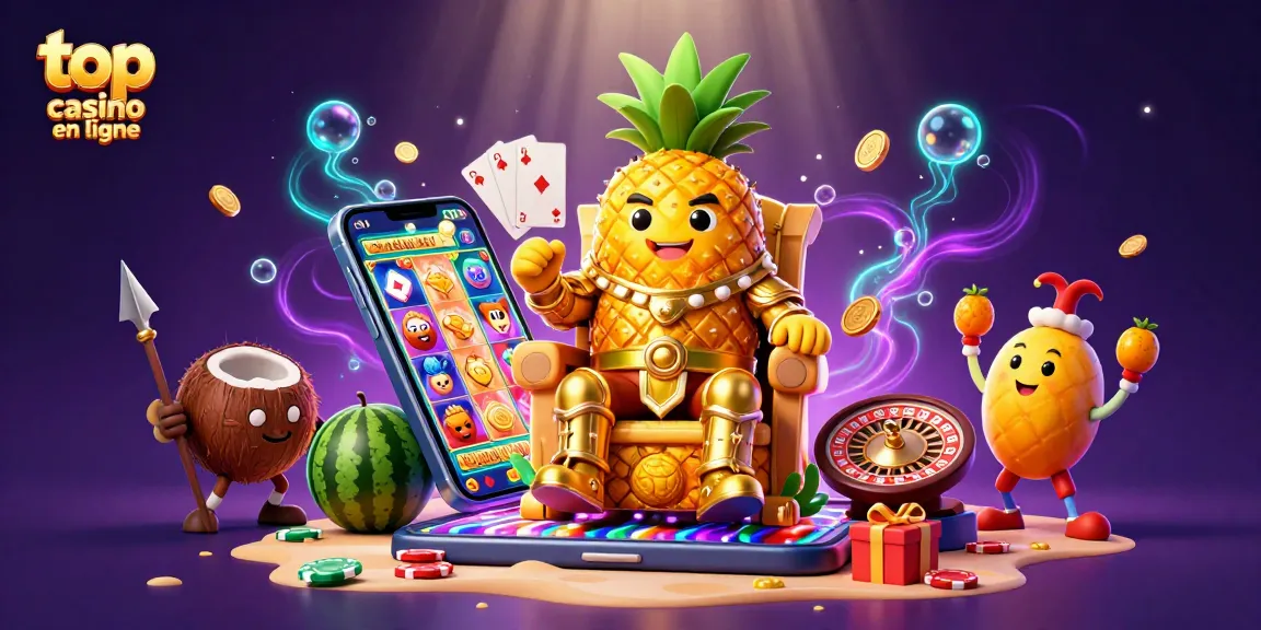 Plongez dans l'univers du top casino en ligne avec une illustration 3D captivante mettant en scène un roi ananas et ses gardes.