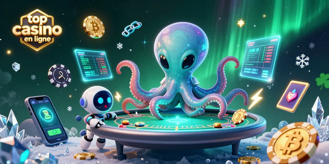 Top casino en ligne : illustration dynamique d'un alien octopus jouant aux cartes avec un robot, entouré de jetons et de cryptomonnaies.