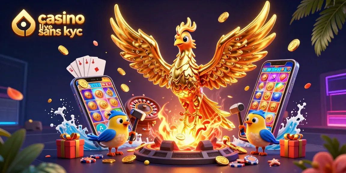 Jouez à casino live sans kyc avec une scène animée de phoénix doré et jeux de casino.