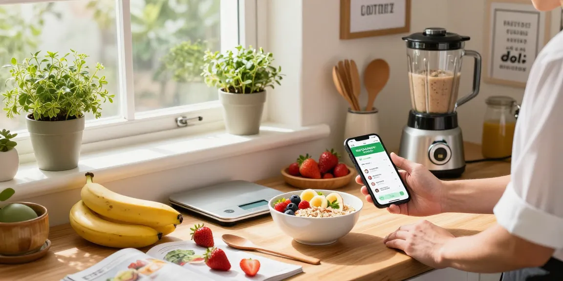 Healthy breakfast preparation showcasing the best calorie tracking app on smartphone and vibrant ingredients.