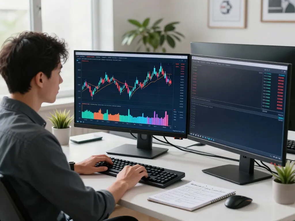 Trader analyzing TradingView charts in a modern office workspace with multiple monitors and market alerts.