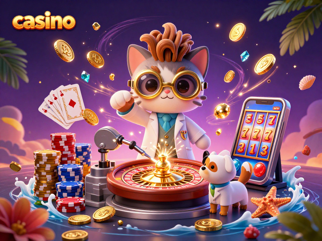 Cascade of golden coins and spinning roulette highlight the exciting casino adventure.
