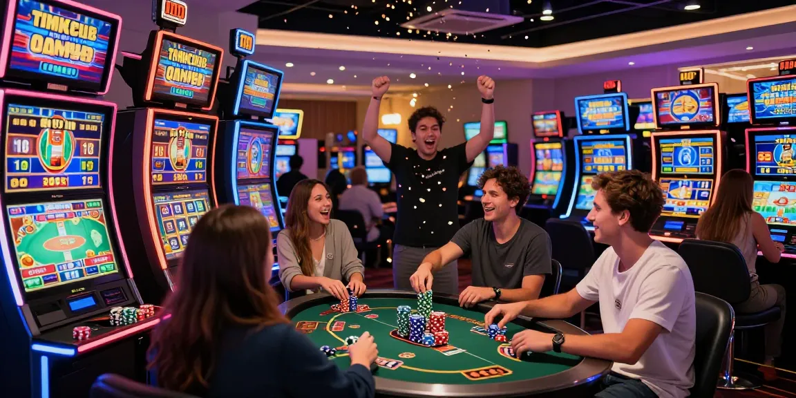 Slot depo 1000 gaming scene featuring excited players at machines, colorful chips, and jackpot displays.
