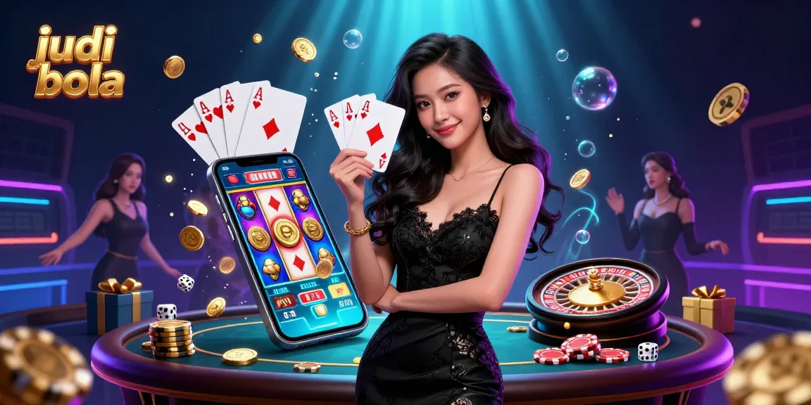 Experience the thrill of judi bola with a glamorous Asian woman holding playing cards amidst a vibrant casino setting.