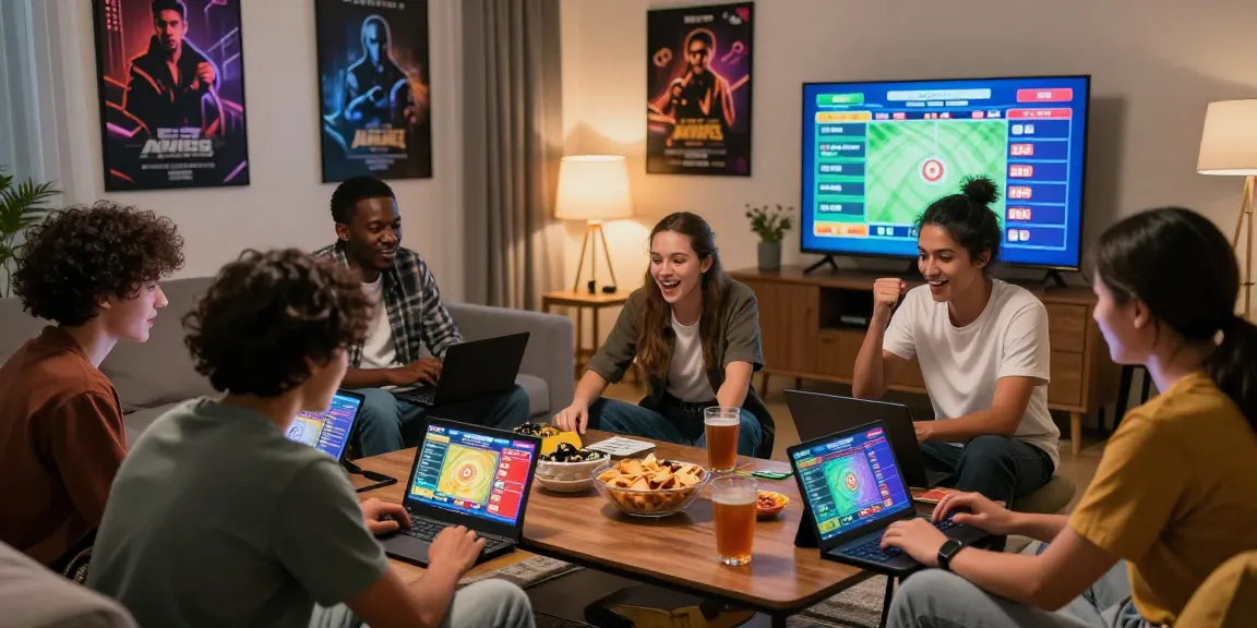 Excited friends playing login togel online in a cozy living room atmosphere with vibrant game graphics on screens.