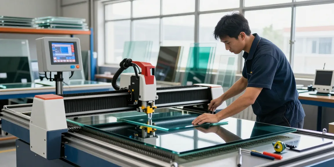 Technician using a glass cutting table in a modern glass processing workshop, showcasing advanced machinery.