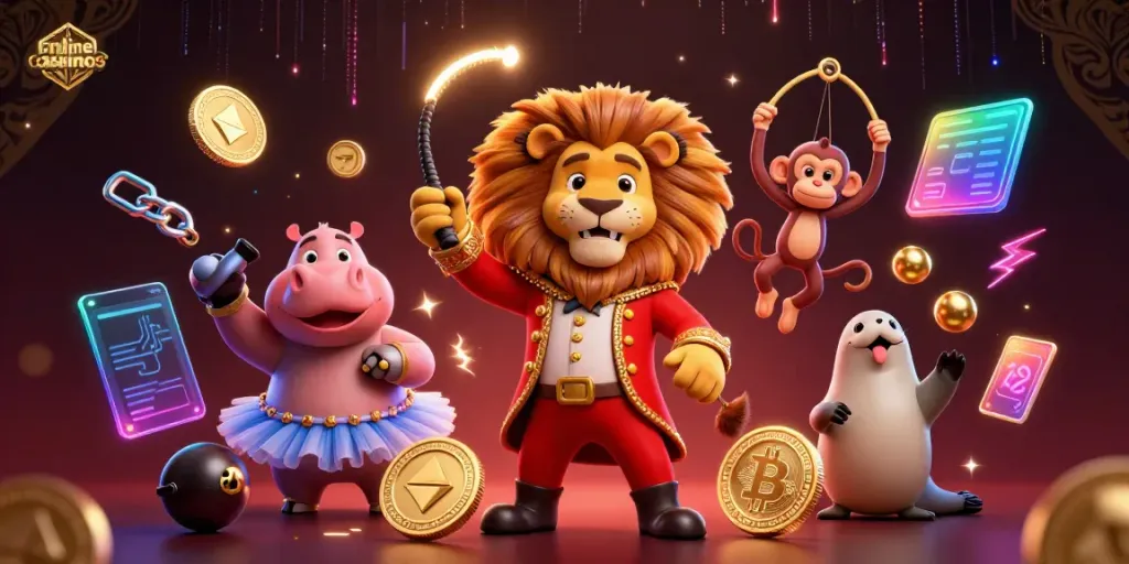 Engage with online casinos illustrated by a vibrant scene of circus-themed characters and crypto elements.