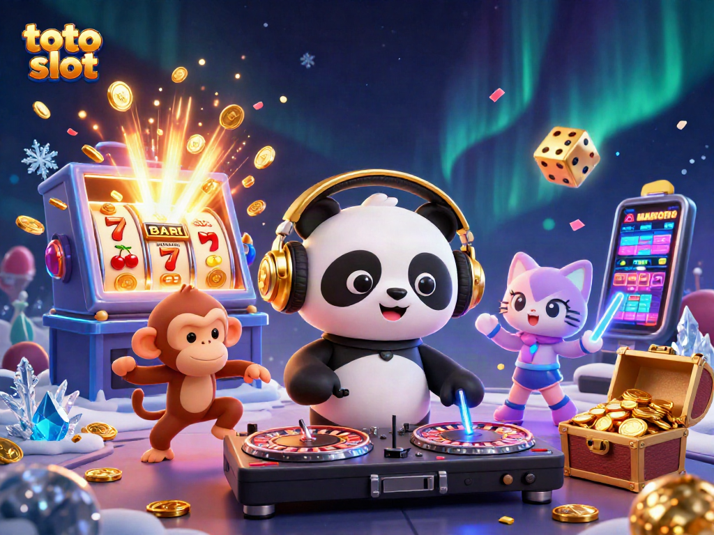 Engage with toto slot in this vibrant scene featuring a DJ panda, dancing monkey, and glow-stick kitten.