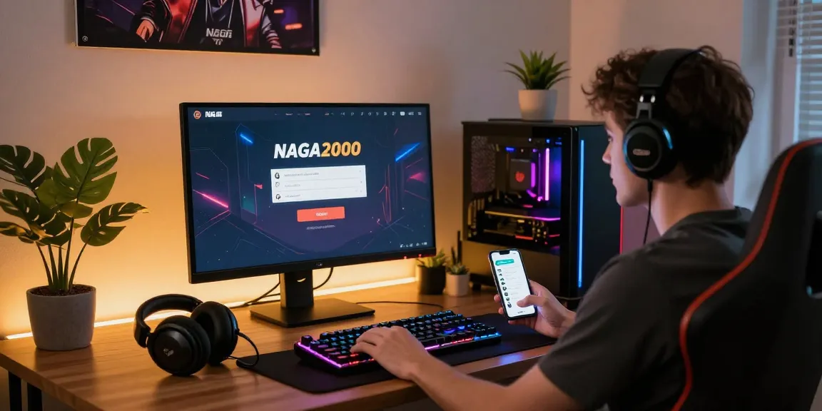 NAGA2000 LOGIN process in a cozy gaming setup demonstrating user-friendly interface and modern gaming ambiance.