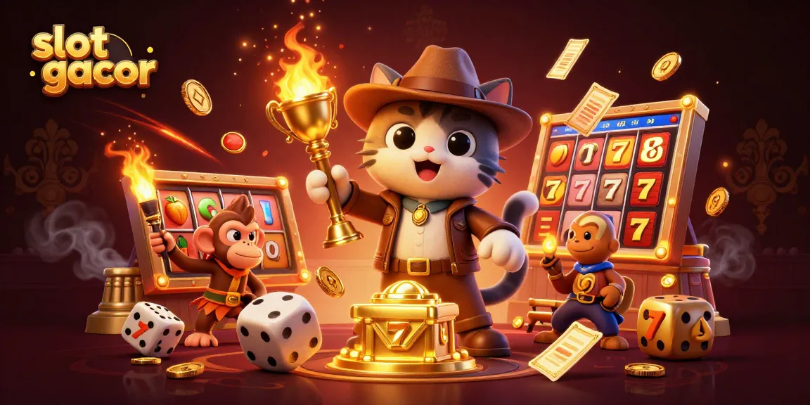 Explore slot gacor with a 3D cartoon cat and monkey amidst casino artifacts and dynamic game elements.