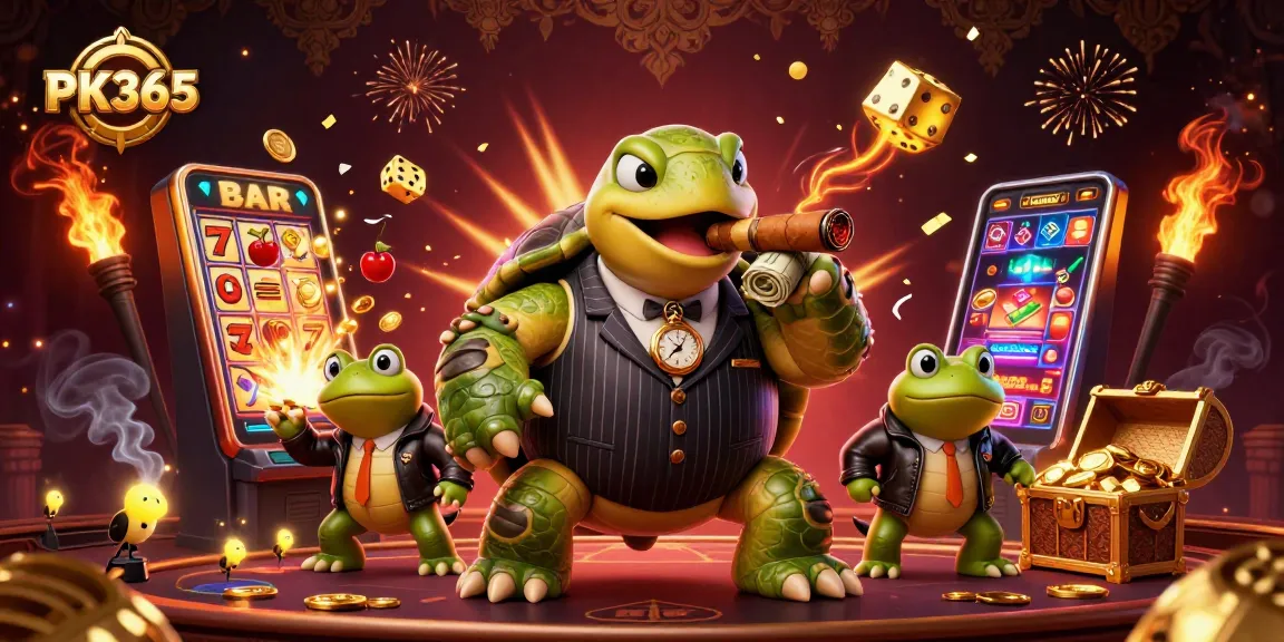 Experience the excitement of PK365 with a cartoon turtle mobster amid a jackpot explosion.
