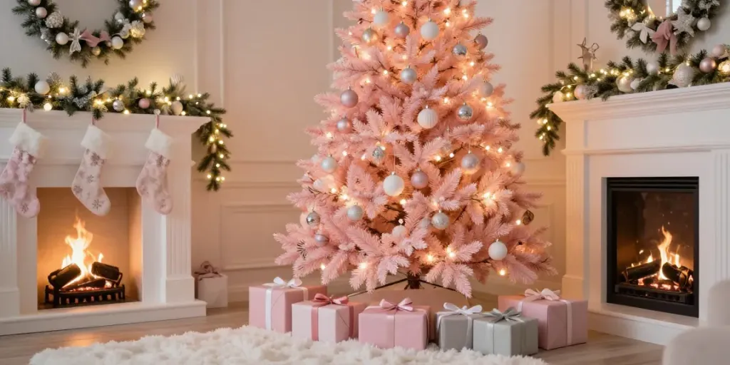 Light pink Christmas tree adorned with ornaments and warm lights in a cozy living room.