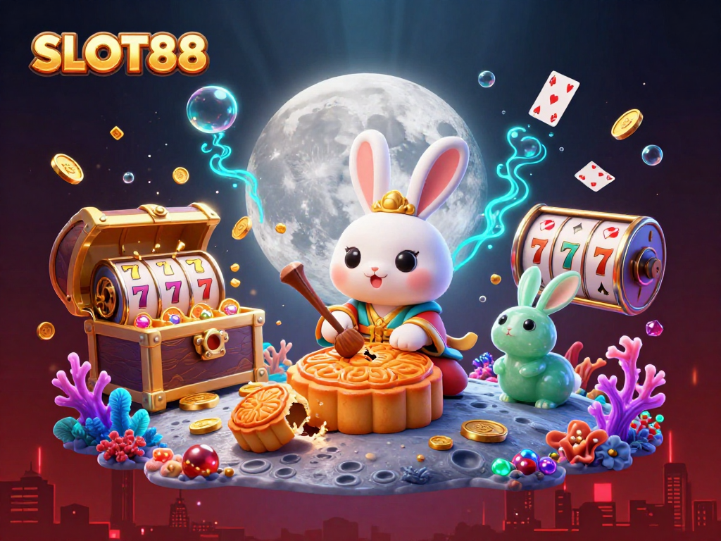 SLOT88 merayakan kemenangan dengan kelinci bulan dan simbol slot dalam ilustrasi 3D yang menarik.