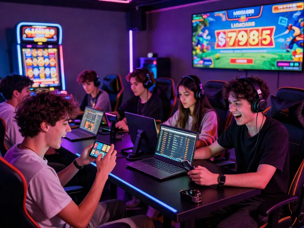 Players enjoying the MEGA88 online gaming experience in a vibrant lounge filled with excitement and digital rewards.