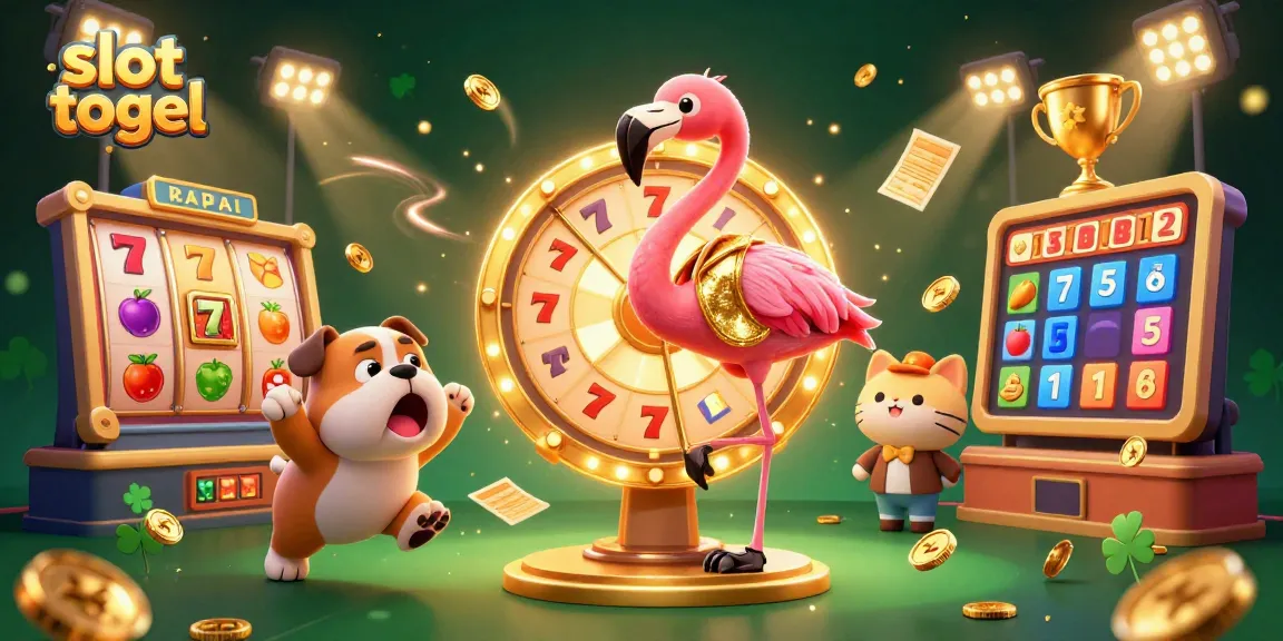 Experience the thrill of slot togel as a flamingo host spins a prize wheel with excitement all around.