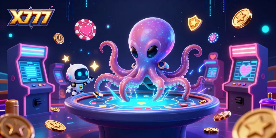 X777 delivers an exciting poker experience with a vibrant alien octopus and a lively robot in a cosmic casino.