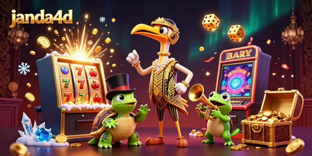 Permainan slot janda4d dengan simbol beruntung di sekitar karakter menarik.