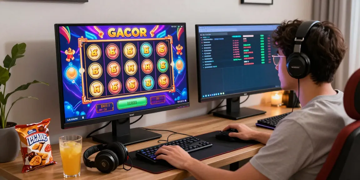 Excited player engaging with a slot gacor game in a vibrant online gaming setup.