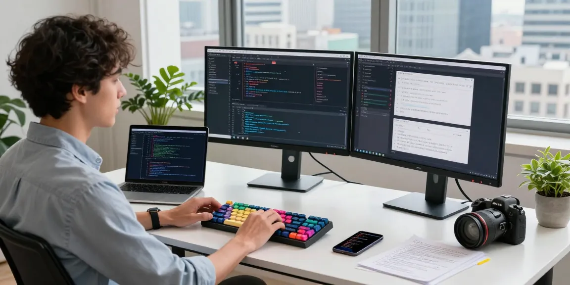 Developer working on telegraimin.com in a modern workspace filled with tech gadgets and coding tools.