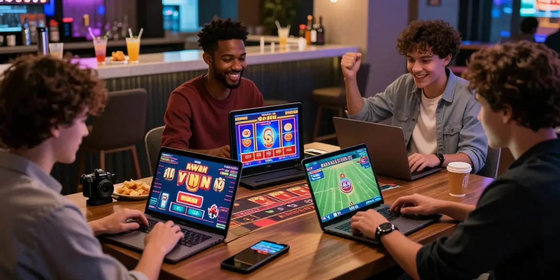 Players enjoying 鉅城娛樂 with live dealer baccarat and vibrant slots in a lively lounge.