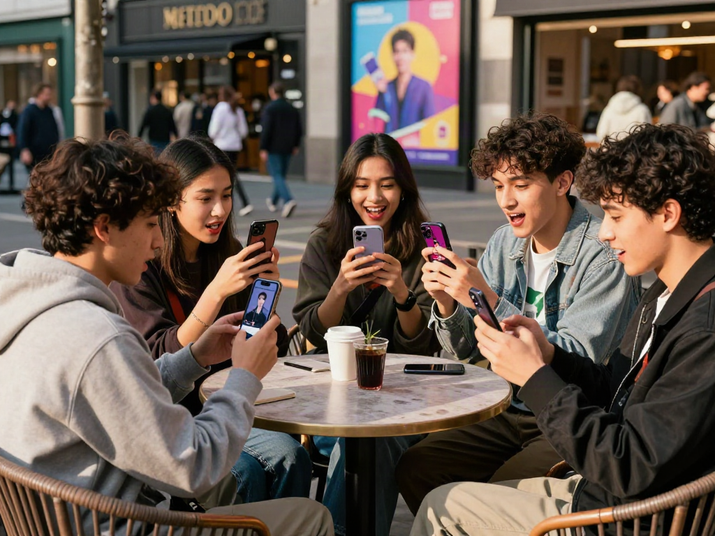 Young adults enjoying a celebrity look alike app at a bustling café, showcasing joyful reactions.