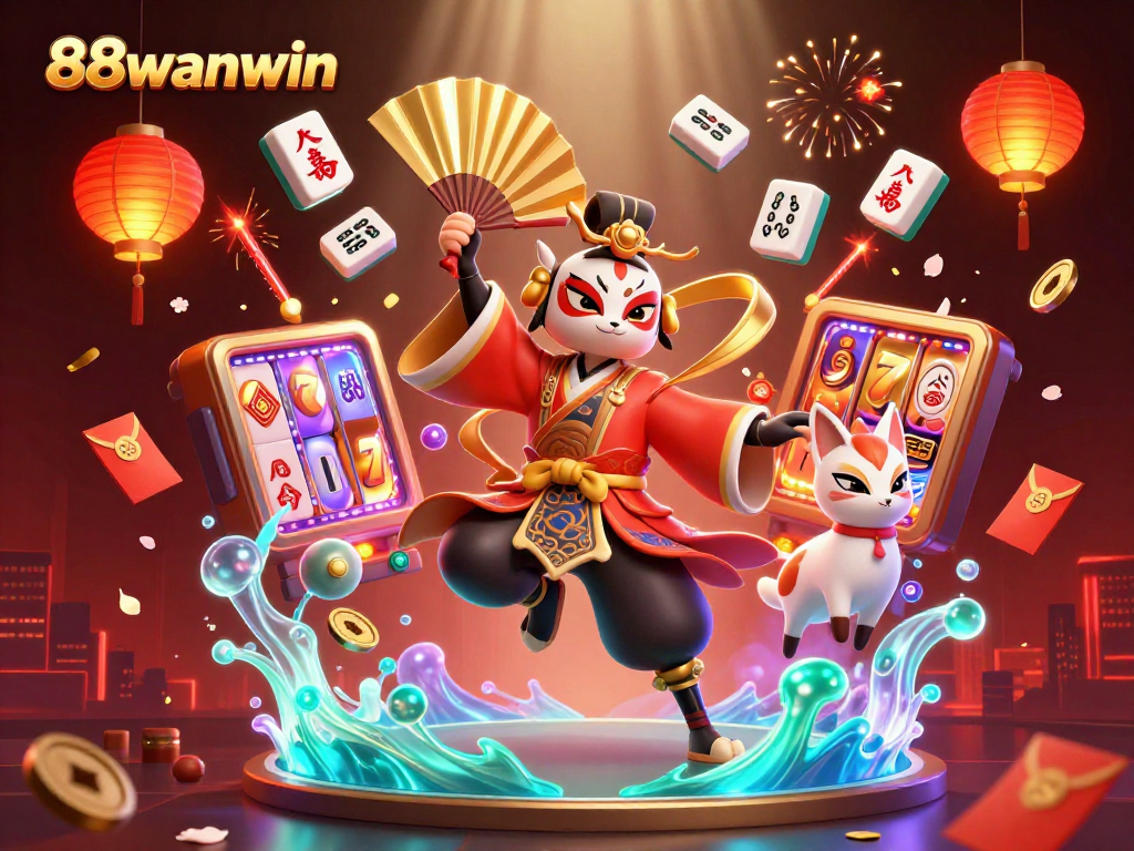 Engage with 88wanwin's vibrant casino scene featuring cartoon warriors and slot elements.