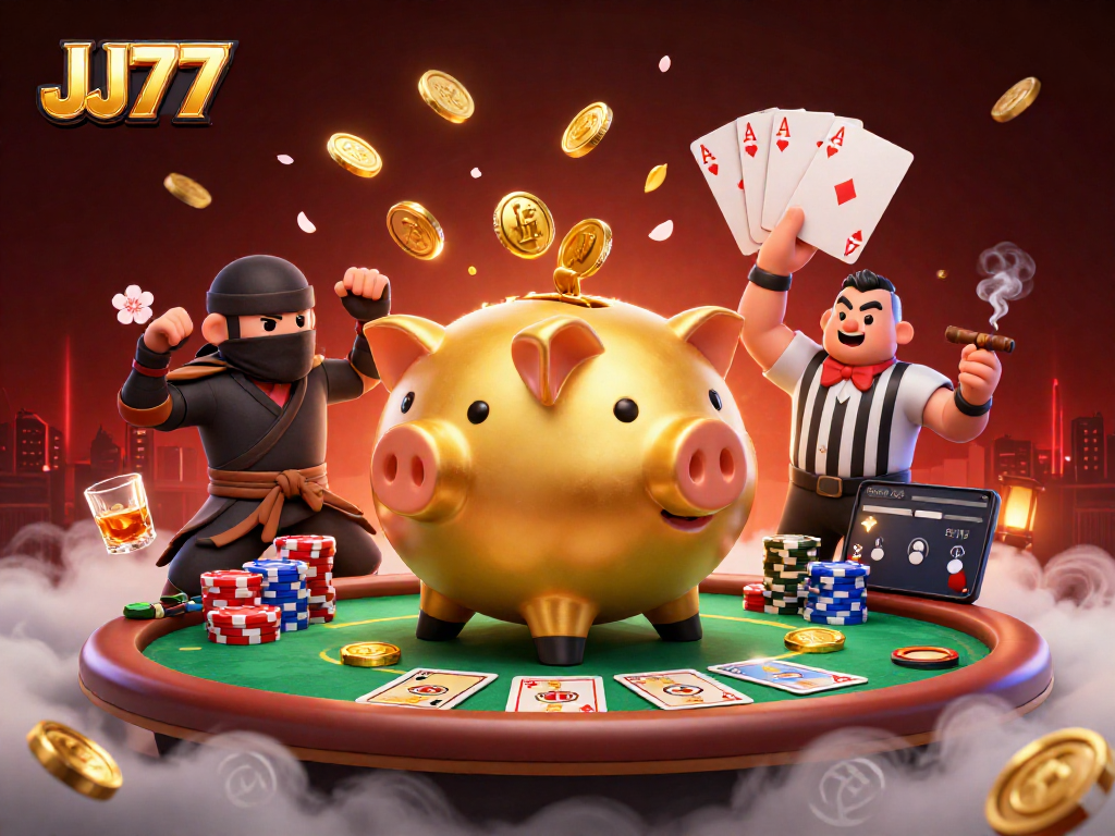 JJ77 interactive casino scene with a golden piggy bank sumo wrestler and dynamic poker elements.