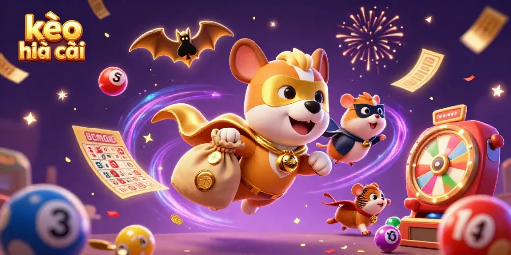 Kèo nhà cái superhero dog and hamster celebrate with dynamic casino elements in a magical setting.