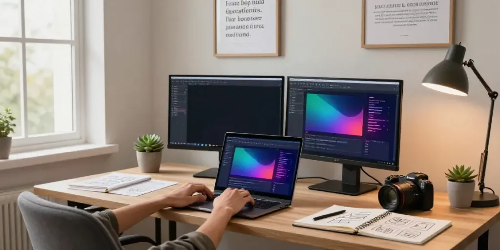 Writer using AI content writing software in a vibrant home office.