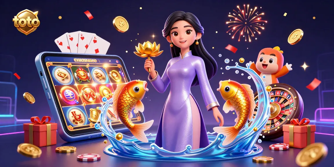 Experience thrilling gaming with toto in a vibrant 3D scene featuring an elegant woman and golden koi fish.