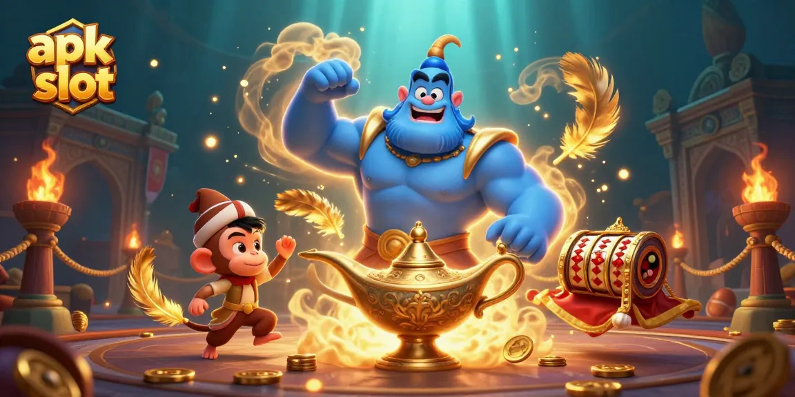 Experience thrilling action in apk slot games as a genie, monkey, and slot reels create an exciting scene.