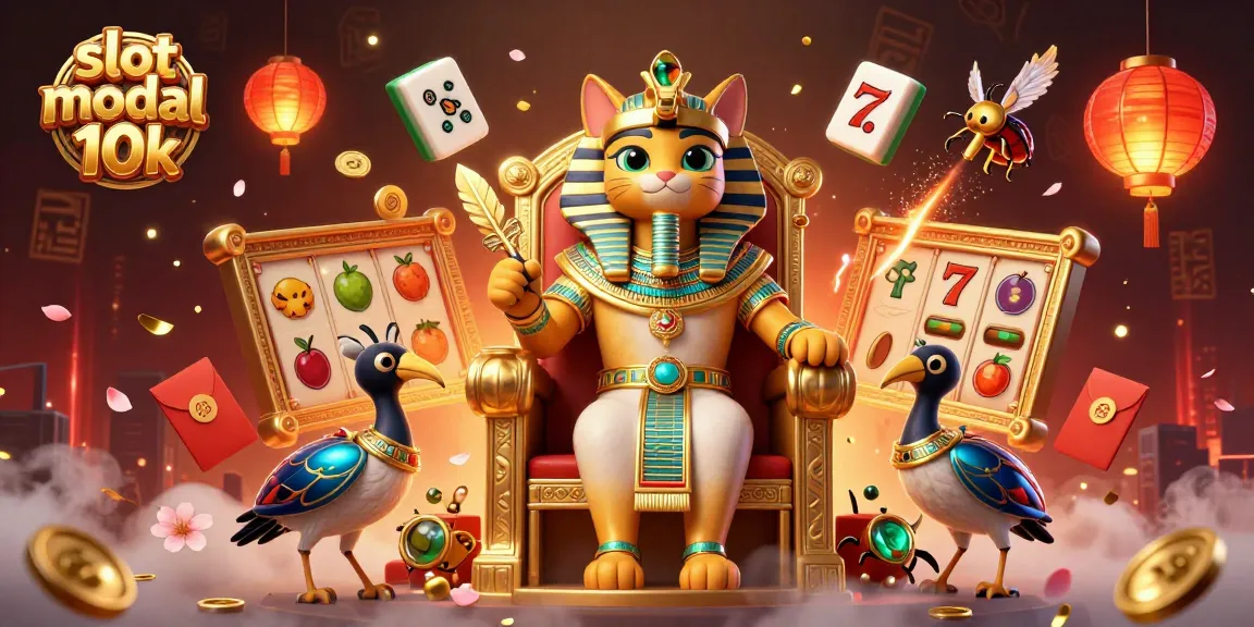 Experience the excitement of slot modal 10k with a vibrant illustration of cartoon characters surrounded by slot reels and festive elements.