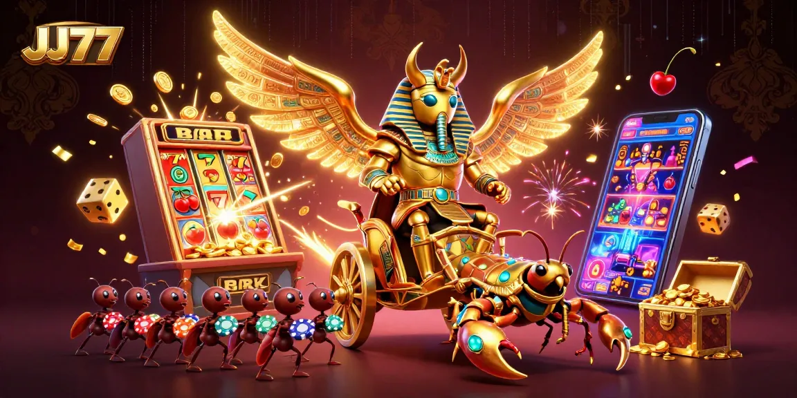 Engage with exciting gaming at JJ77 featuring rich 3D visuals of a vibrant casino scene.