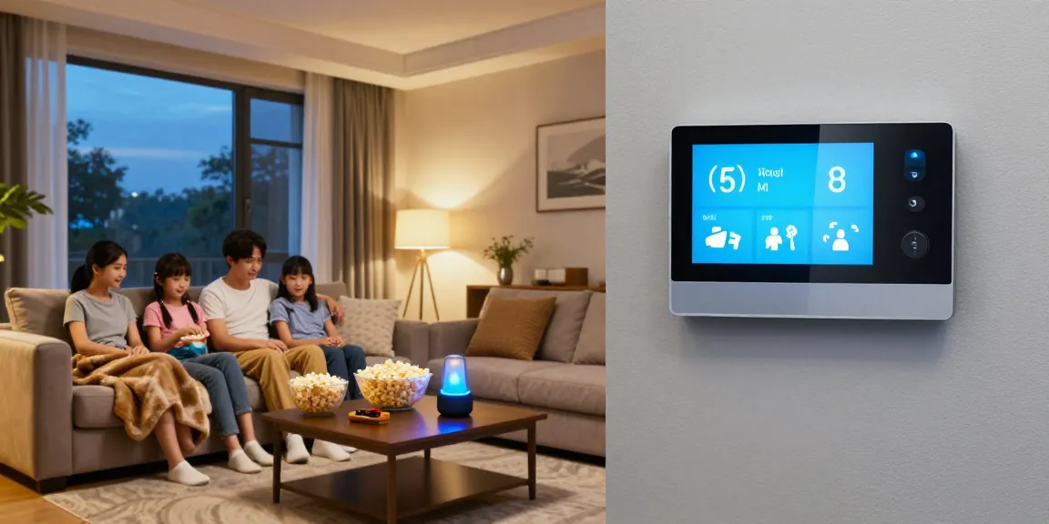 Modern living room featuring a smart thermostat for optimal comfort during family movie night.