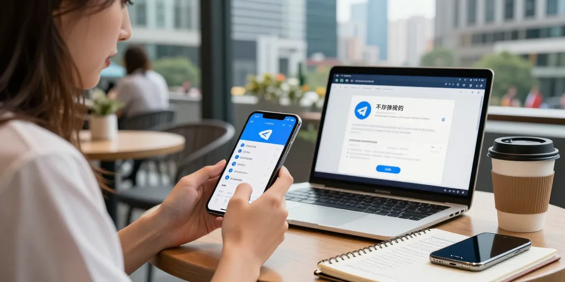 Young woman using Telegram in China guide at outdoor café with smartphone and laptop.