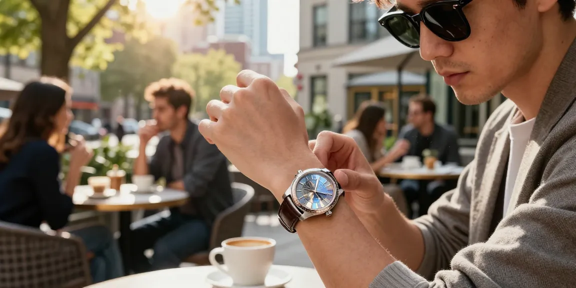 Individual reviewing stunning replica watches while enjoying coffee in a vibrant urban café, showcasing the luxury of high-quality craftsmanship.
