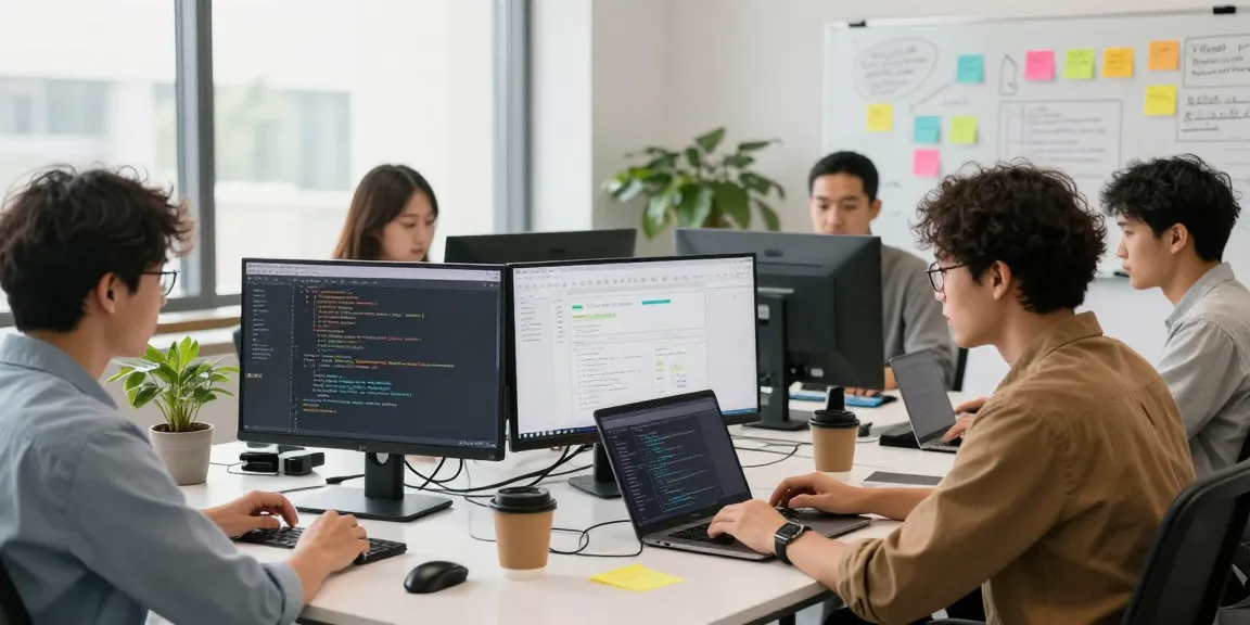 Developers collaborating on 纸飞机中文版 app in a modern office