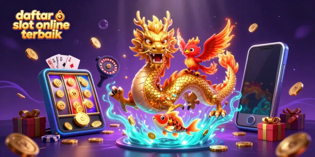 Menyediakan daftar slot online terbaik dalam ilustrasi 3D menampilkan naga emas, phoenix merah, dan ikan koi.