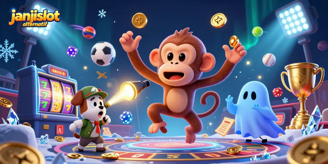 Engage with janjislot alternatif in this lively 3D casino scene showcasing a playful poltergeist and ghost-hunter puppy.
