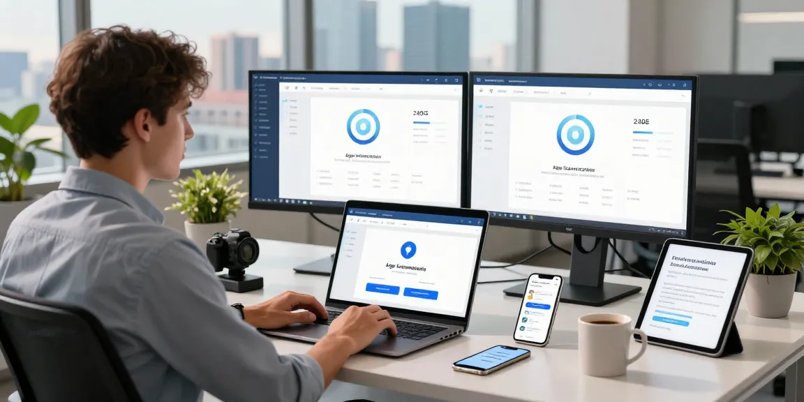 Professional using an age verification system in a modern workspace with AI-driven technology and data analytics.