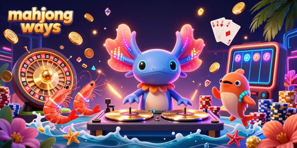 Experience winning opportunities with Mahjong Ways in this vibrant casino illustration featuring a partying axolotl DJ and dynamic gambling elements.