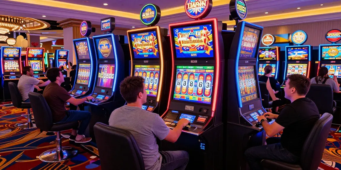 Permainan slot dalam suasana kasino Las Vegas yang penuh warna dan kegembiraan.