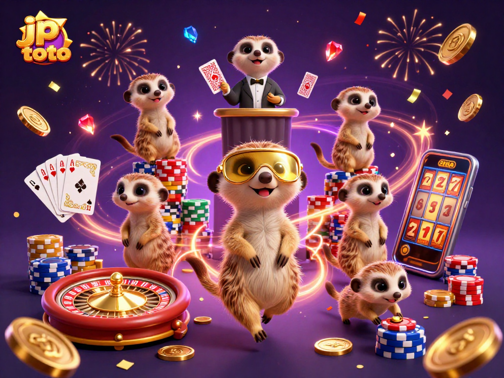 Experience vibrant casino action with jp toto in a colorful meerkat-themed illustration.