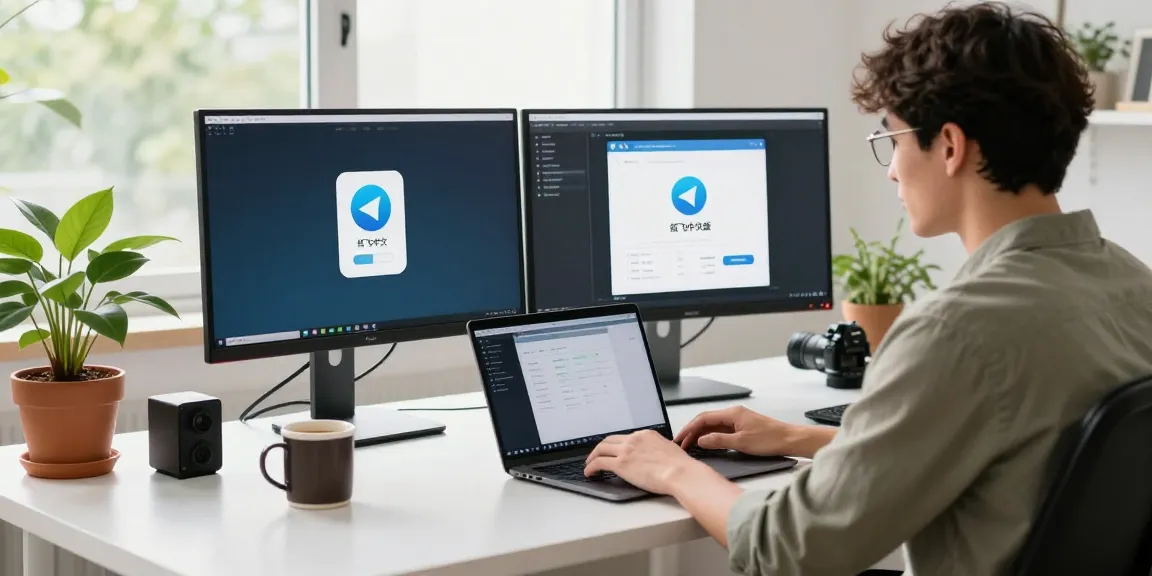Developer working on the 纸飞机中文版 app in a bright office, showcasing a vibrant tech workspace.