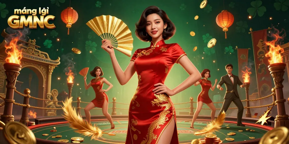 Engage with the vibrant world of mạng lưới GMNC featuring a stunning Asian woman in red qipao amidst golden gaming elements.