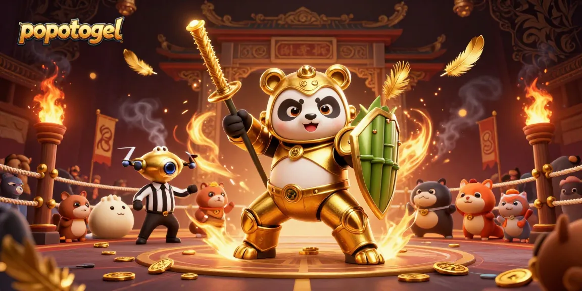 Play popotogel with an engaging 3D illustration showcasing a panda in a mech-suit amidst a vibrant gambling arena.