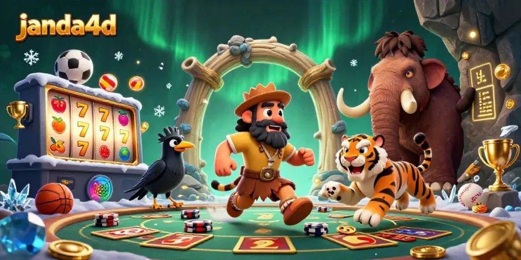 janda4d menghadirkan ilustrasi kasino prasejarah dengan karakter unik dan elemen slot yang berkilau