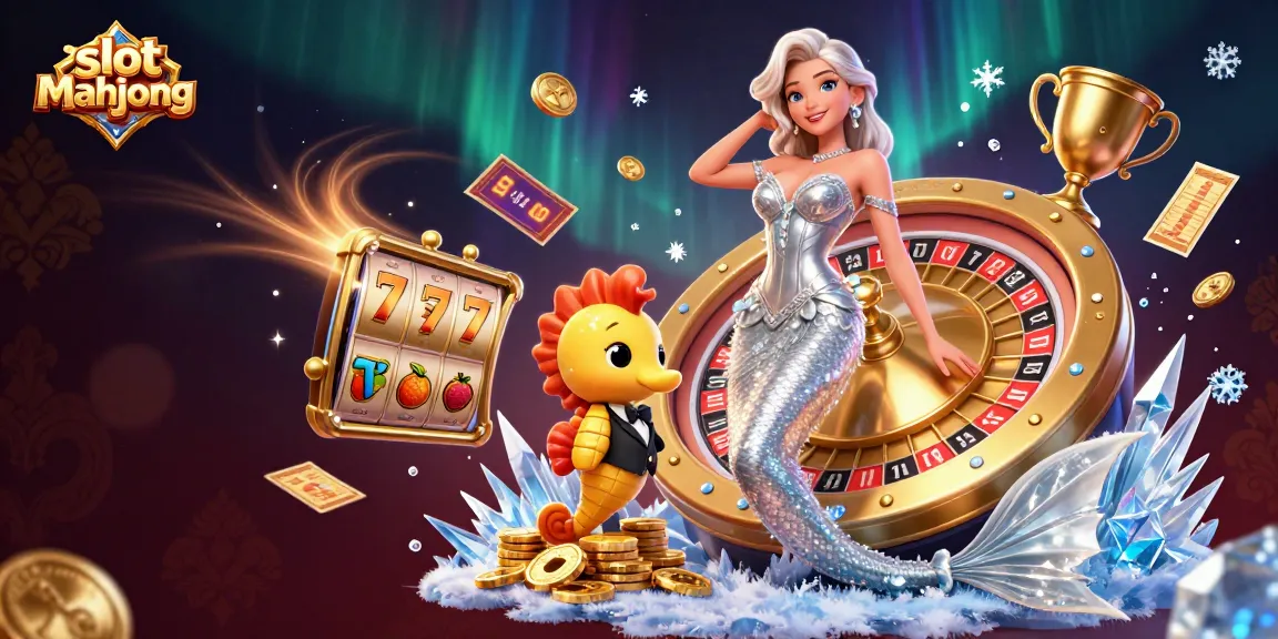 Engage in slot mahjong fun with a stunning illustration featuring 3D characters, slot reels, and casino elements.