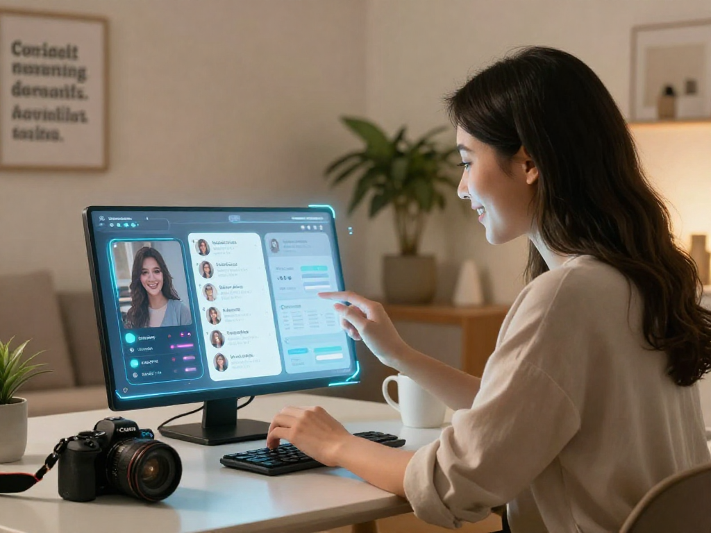 An engaging AI gf experience in a cozy home setting with a happy woman using a holographic dating interface.