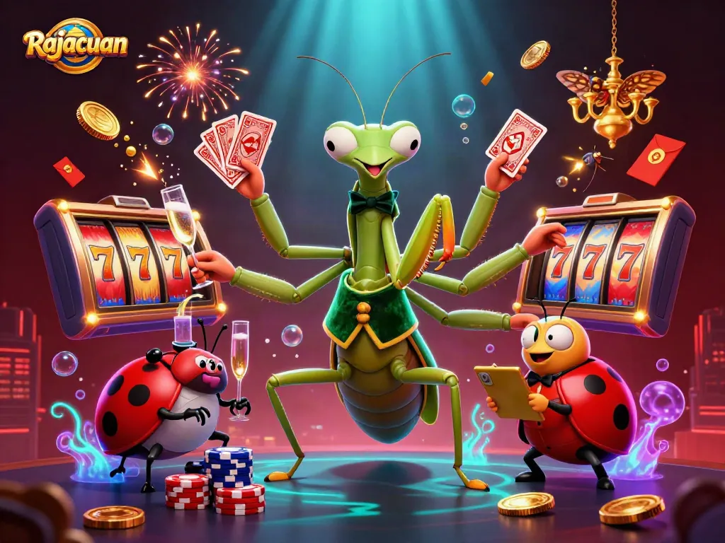 Rajacuan players immerse in thrilling slots with a vibrant scene of a giant card sharp and ladybug pit boss.